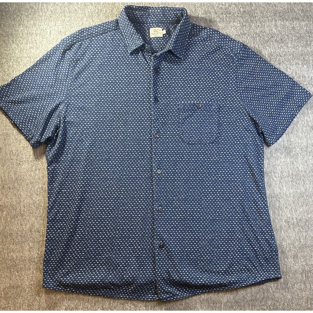 Faherty Brand Men’s XL Navy Blue White Short Sleeve Shirt Button Up Soft Comfort